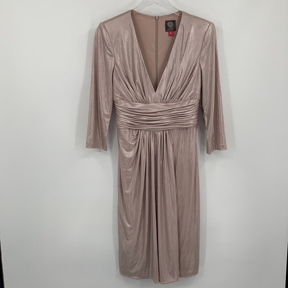 Vince Camuto metallic ruched waist rose shimmery dress pink cocktail new 6 - Picture 2 of 5